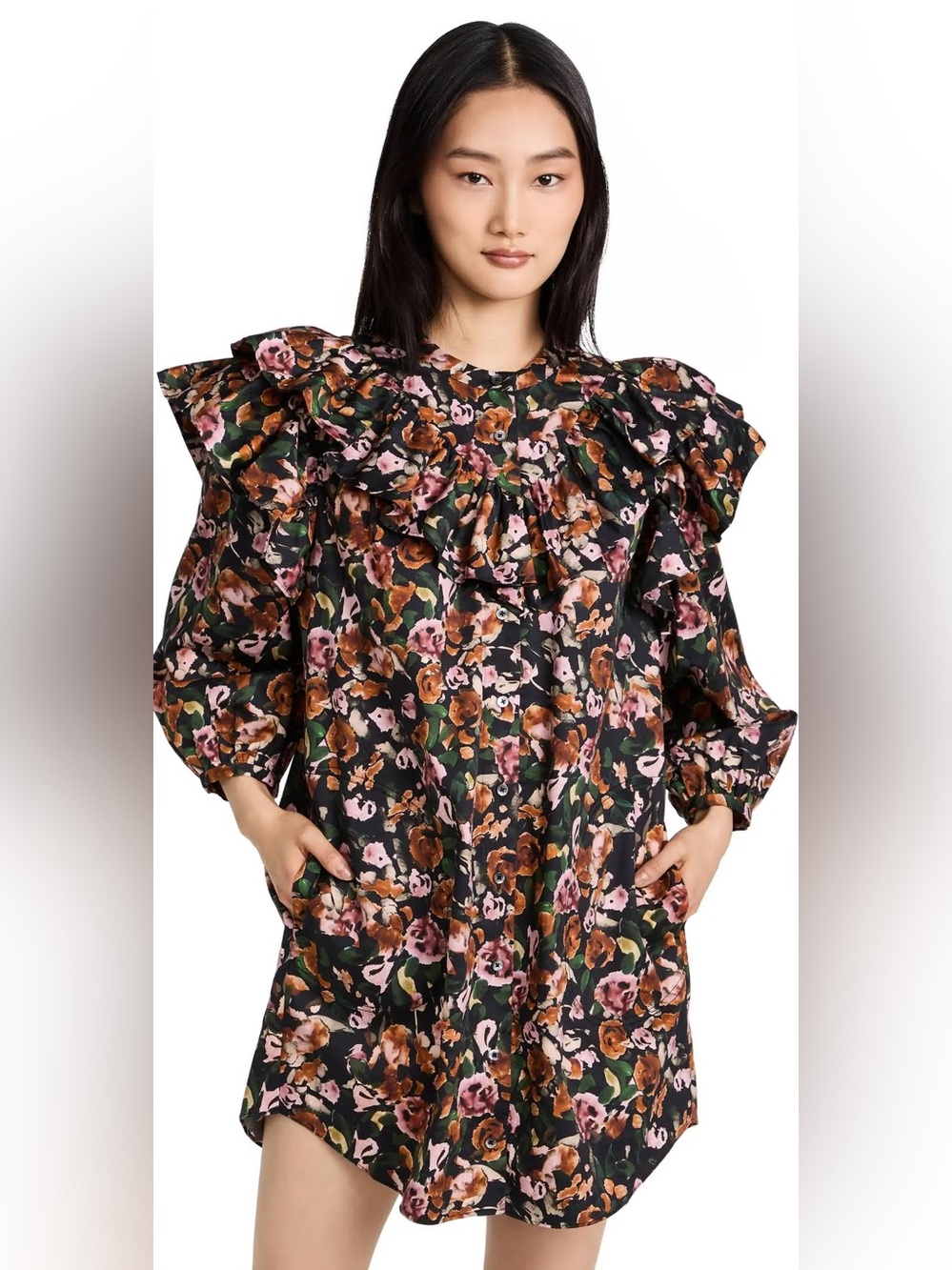 Something Navy Floral Ruffle Long Sleeve Feminine Button Down Tunic Dress Small